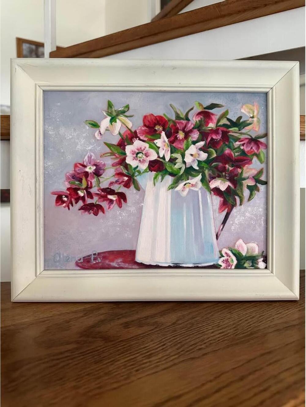 Original oil painting “Breath of Spring“ in white wooden frame